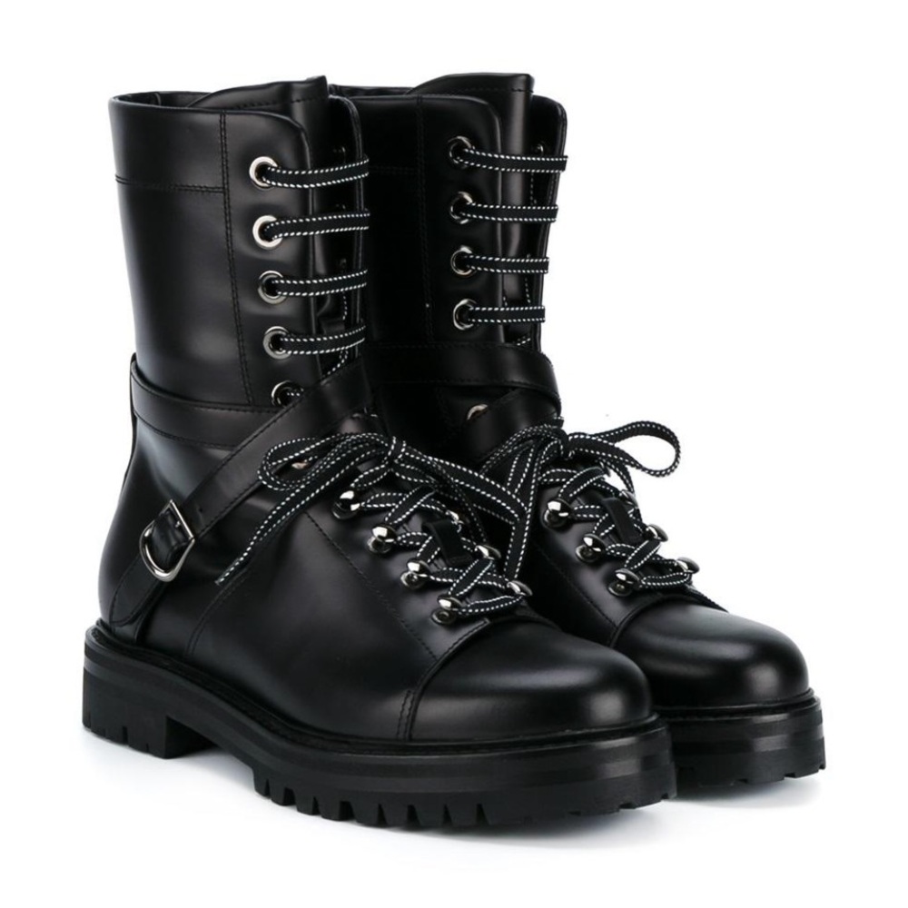 Valentino Garavani Leather Buckled Combat Boots 36.5 Black
